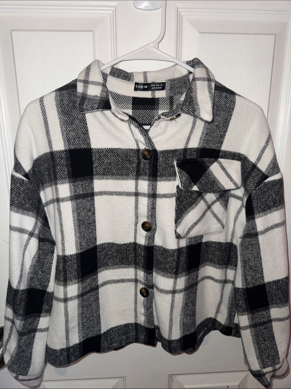 SHEIN Black & White Plaid Button-Up Shacket